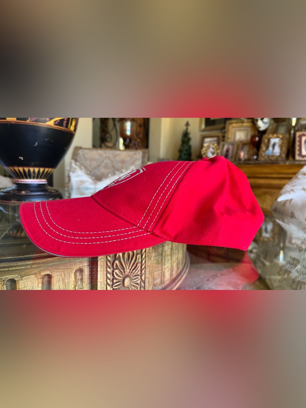 Red Baseball Cap with Silver Embroidered Shield Logo - Picture 6 of 15
